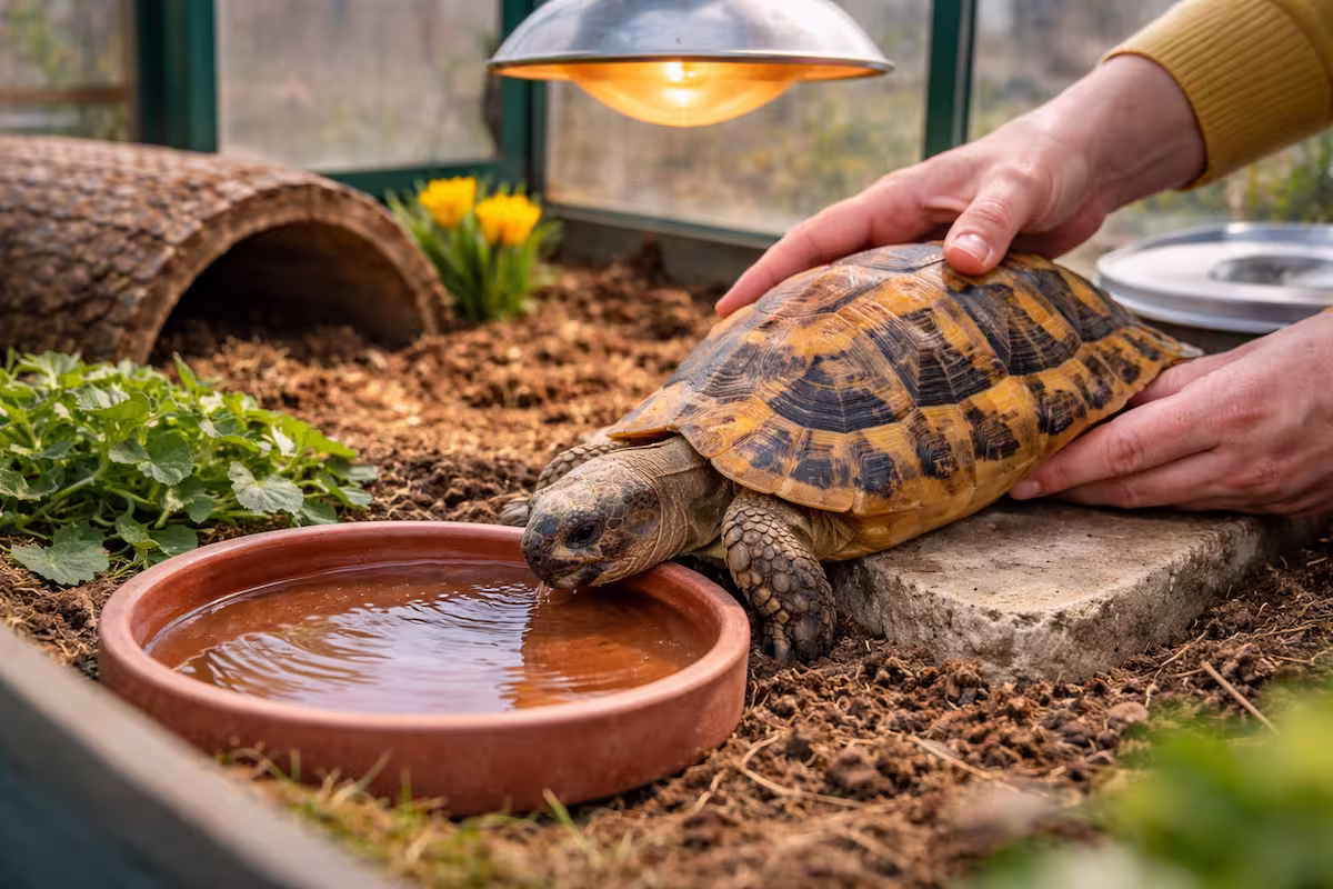 Schildkröte nach Winterruhe im Frühbeet beim Trinken aus einer flachen Wasserschale unter einer Wärmelampe