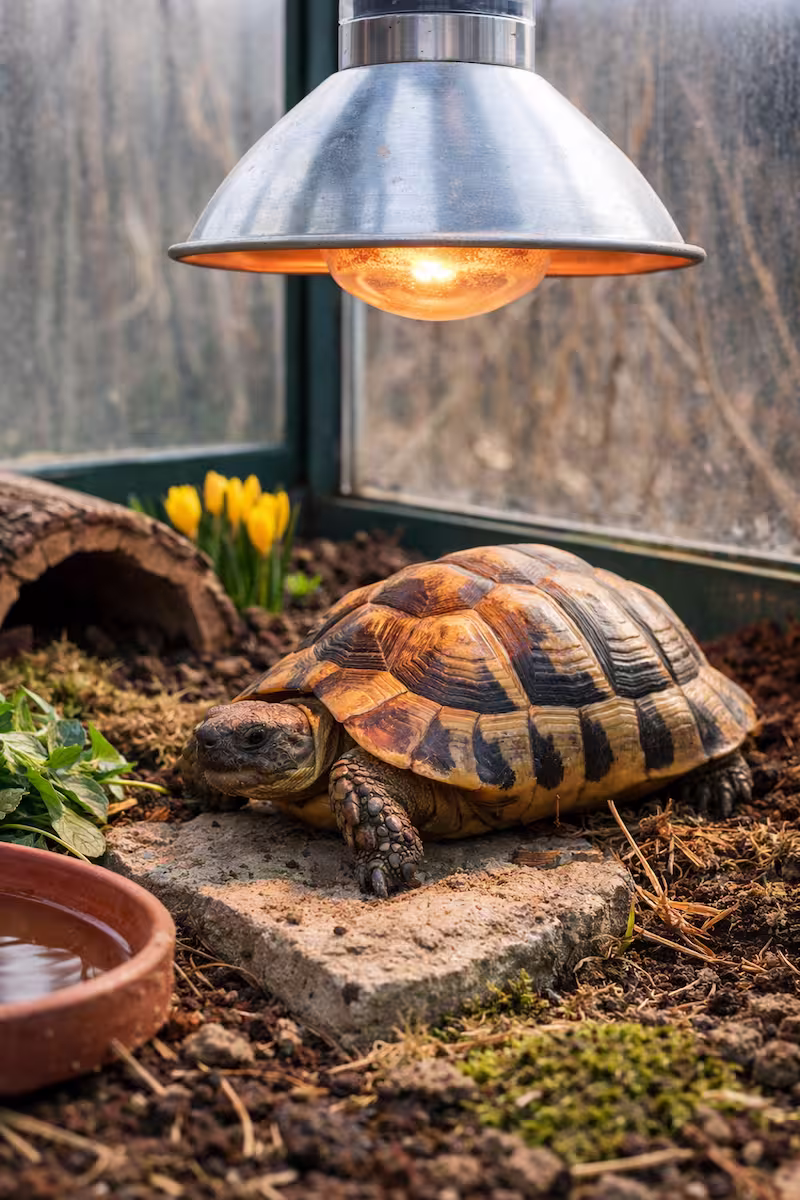 Schildkröte im Frühbeet unter Wärmelampe