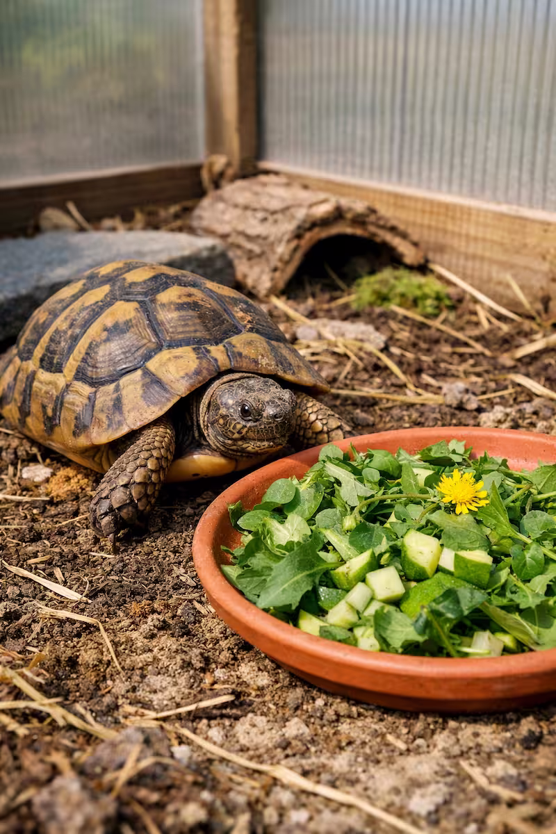 Schildkröte im Frühbeet nach dem Winter vor frischem Futter
