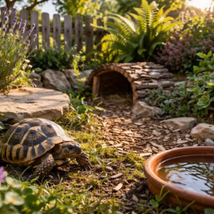 Schildkröten artgerecht halten im naturnahen Gartengehege mit Wasserstelle, Sonnenplatz und strukturierter Bepflanzung