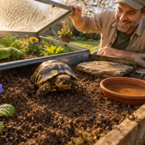Schildkröten im Frühling im Frühbeet mit Wasserstelle und Halter, der Temperatur und Gehege kontrolliert