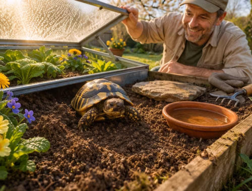 Schildkröten im Frühling im Frühbeet mit Wasserstelle und Halter, der Temperatur und Gehege kontrolliert