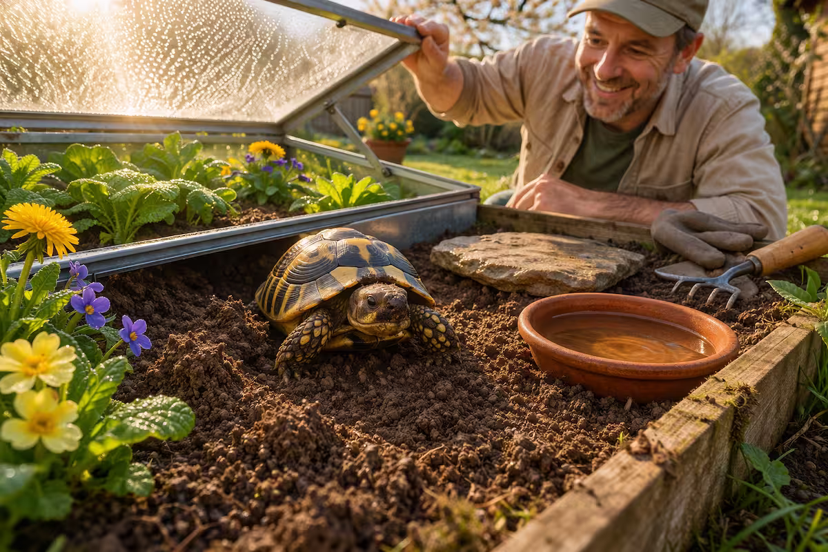 Schildkröten im Frühling im Frühbeet mit Wasserstelle und Halter, der Temperatur und Gehege kontrolliert