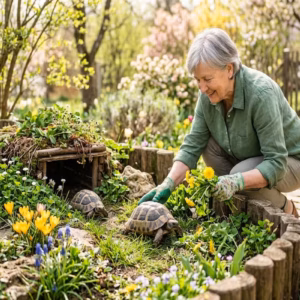 Eine lächelnde Frau pflegt im Frühling ein naturnahes Schildkrötengehege, während zwei griechische Landschildkröten zwischen blühenden Krokussen und frischem Löwenzahn die warme Märzsonne genießen.