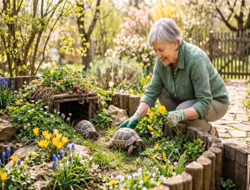Eine lächelnde Frau pflegt im Frühling ein naturnahes Schildkrötengehege, während zwei griechische Landschildkröten zwischen blühenden Krokussen und frischem Löwenzahn die warme Märzsonne genießen.