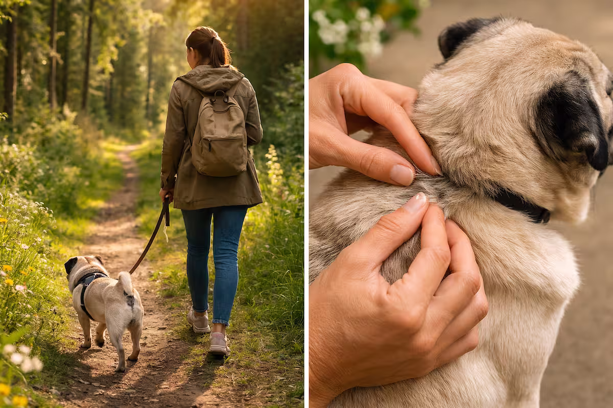 Spaziergang mit Hund im Wald, danach Kontrolle des Fells