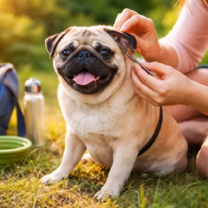 Mops wird nach dem Spaziergang im Park sorgfältig auf Zecken untersucht – Zecken-Check beim Mops am Ohr mit Pinzette