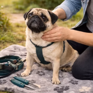 Mops wird nach einem Spaziergang auf einer Decke im Garten kontrolliert, während eine Person den Hals nach Zecken prüft – typische Situation bei Zecken beim Hund.