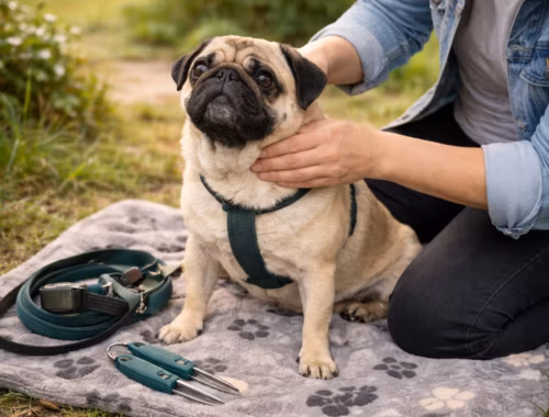 Zecken beim Hund: Diese Fehler solltest du beim Mops meiden 9 Mops wird nach einem Spaziergang auf einer Decke im Garten kontrolliert, während eine Person den Hals nach Zecken prüft – typische Situation bei Zecken beim Hund.