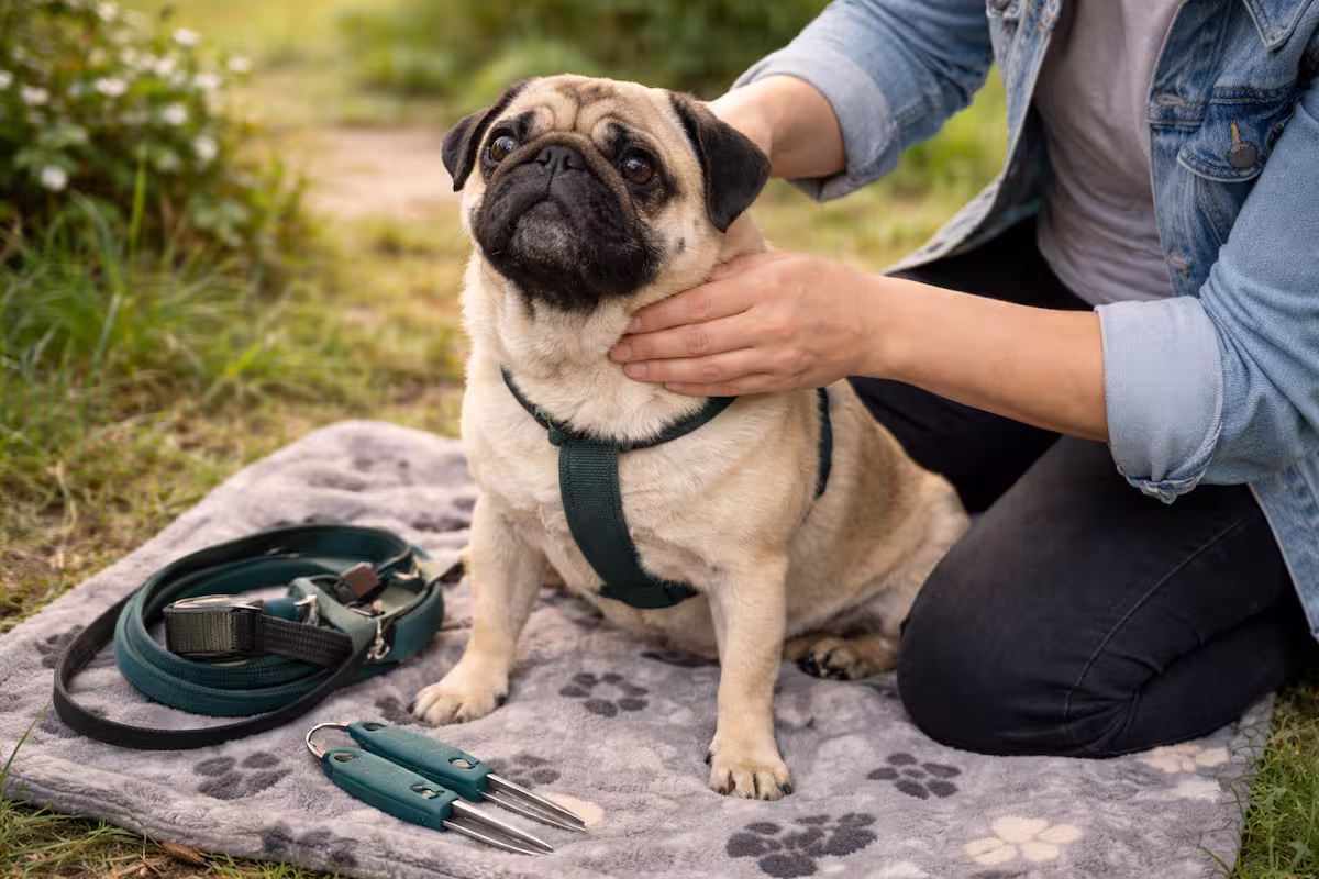 Mops wird nach einem Spaziergang auf einer Decke im Garten kontrolliert, während eine Person den Hals nach Zecken prüft – typische Situation bei Zecken beim Hund.
