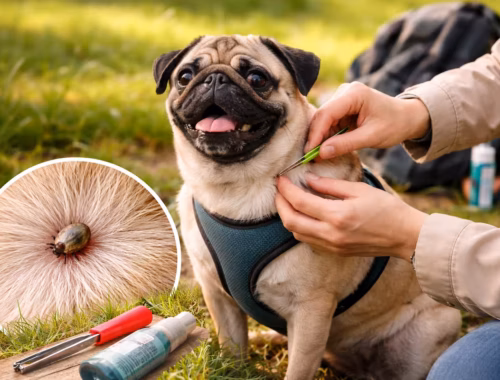 Mops wird im Park nach dem Spaziergang auf Zecken beim Mops untersucht, während eine Person vorsichtig eine Zecke mit einer Zeckenzange entfernt.