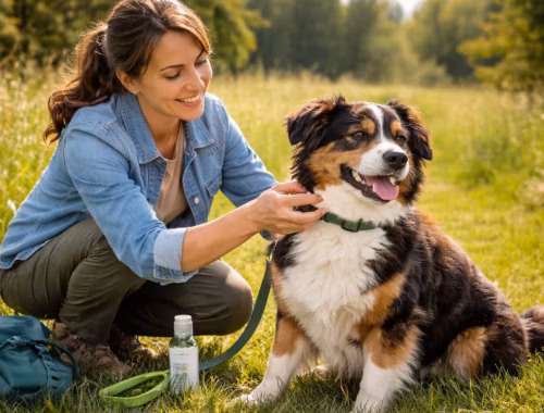 Hund bekommt Zeckenschutz beim Spaziergang im Grünen – Halterin legt Zeckenhalsband an, um den besten Zeckenschutz für Hunde zu zeigen.