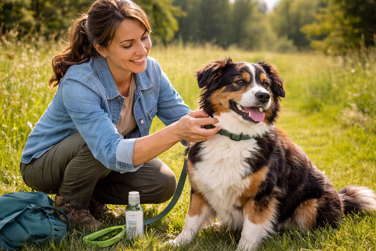 Hund bekommt Zeckenschutz beim Spaziergang im Grünen – Halterin legt Zeckenhalsband an, um den besten Zeckenschutz für Hunde zu zeigen.