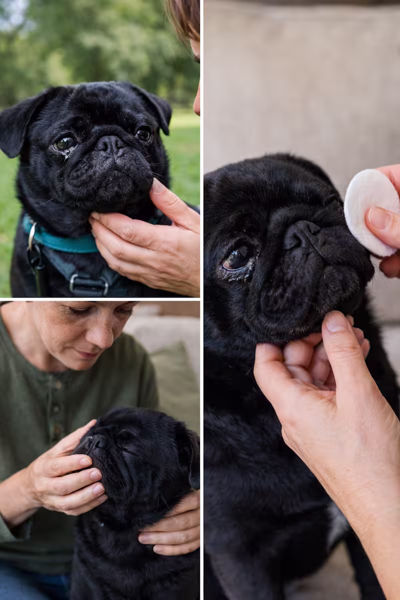 Halter sitzt mit schwarzem Mops im Wohnzimmer und kontrolliert sanft Augen, Nase und Atmung