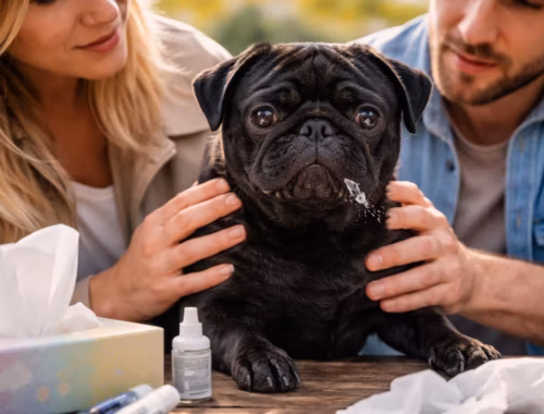 Schwarzer Mops mit tränenden Augen sitzt auf einem Tisch, während zwei Personen ihn untersuchen; daneben liegen Taschentücher und Augentropfen, Hinweis auf Niesen und Augenprobleme beim Hund.