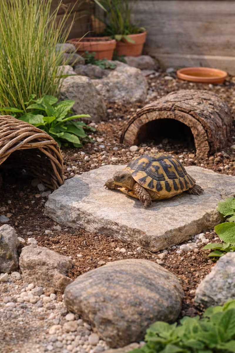 Detailaufnahme eines Schildkrötengehege Detailaufnahme eines strukturierten Schildkrötengeheges mit Sonnenplatz und Verstecken