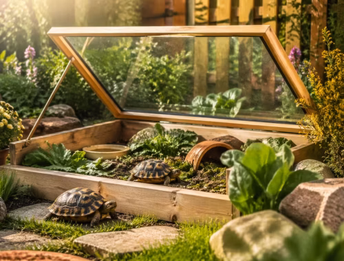 Frühbeet für Schildkröten im Garten mit geöffnetem Deckel, zwei Landschildkröten im naturnah gestalteten Gehege mit Pflanzen, Steinen und Sonnenlicht