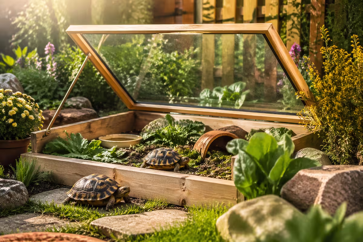 Frühbeet für Schildkröten im Garten mit geöffnetem Deckel, zwei Landschildkröten im naturnah gestalteten Gehege mit Pflanzen, Steinen und Sonnenlicht