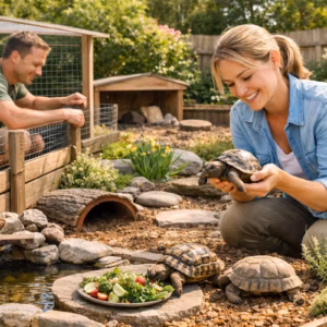 Schildkrötengehege im Garten: Naturnah gestaltetes Gehege mit mehreren Schildkröten, flachem Wasserbereich, Steinen, Pflanzen und Schutzhaus, während zwei Personen das Gehege pflegen und eine Schildkröte in den Händen halten