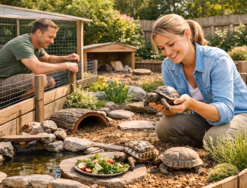 Schildkrötengehege im Garten: Naturnah gestaltetes Gehege mit mehreren Schildkröten, flachem Wasserbereich, Steinen, Pflanzen und Schutzhaus, während zwei Personen das Gehege pflegen und eine Schildkröte in den Händen halten