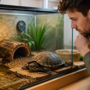 Schildkröte liegt bewegungslos im Terrarium, Halter beobachtet sie besorgt durch die Scheibe, naturnah eingerichtetes Gehege mit Wasserbereich, Pflanzen und Wärmelampe – Warum wird meine Schildkröte nicht aktiv?
