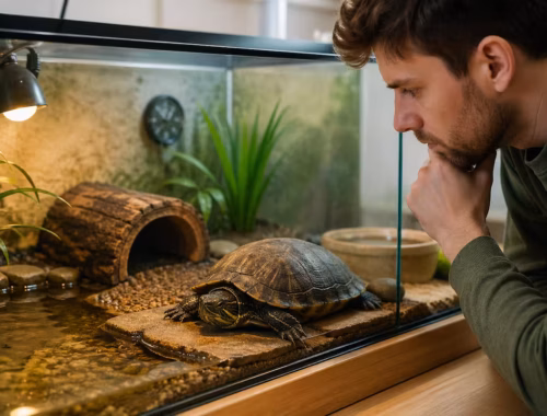 Schildkröte liegt bewegungslos im Terrarium, Halter beobachtet sie besorgt durch die Scheibe, naturnah eingerichtetes Gehege mit Wasserbereich, Pflanzen und Wärmelampe – Warum wird meine Schildkröte nicht aktiv?