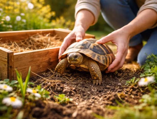 Schildkröte auswintern im Frühling: Eine Schildkröte wird vorsichtig aus einer Überwinterungsbox genommen und auf feuchte Gartenerde mit ersten Pflanzen gesetzt, Hände einer Person im Hintergrund sichtbar, natürliches Tageslicht, Fokus auf dem Tier im Vordergrund