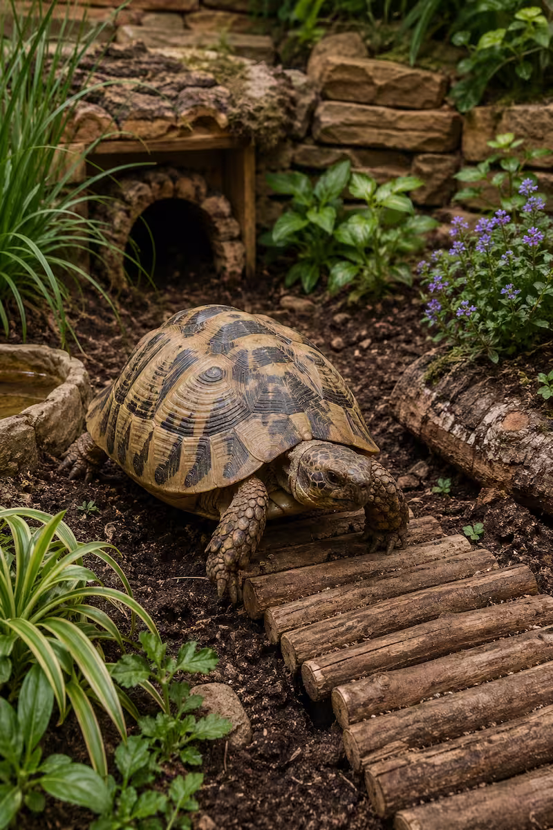 Schildkröte bewegt sich aktiv durch strukturiertes Gehege mit Pflanzen