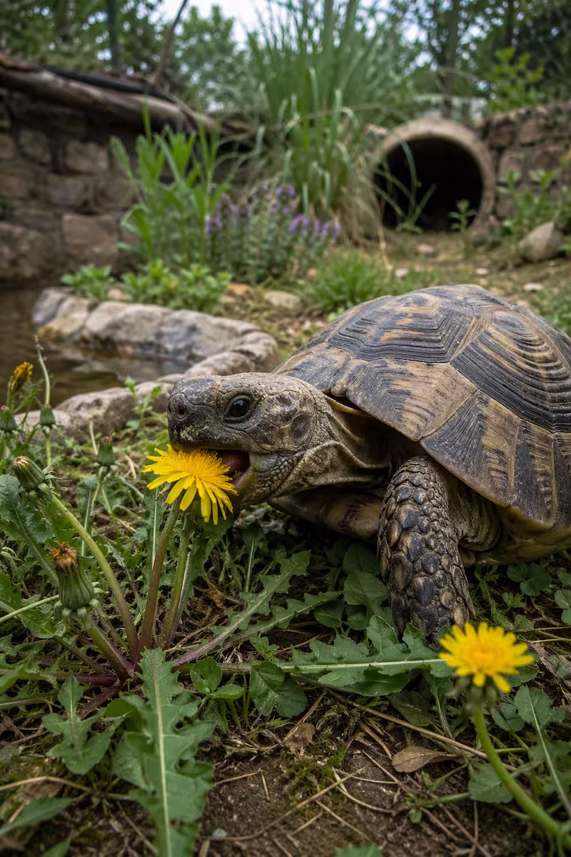 Schildkröte frisst Löwenzahn im naturnah bepflanzten Gehege