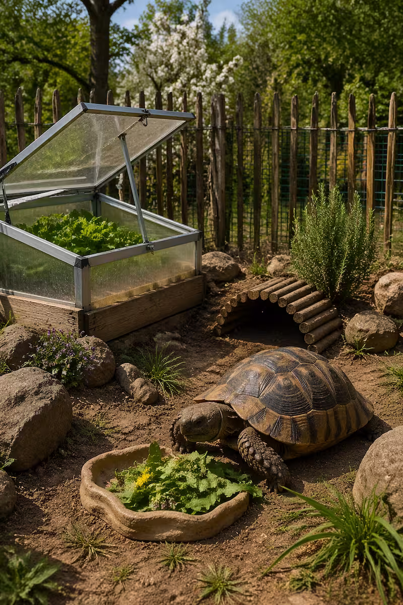 Schildkröte im Gehege mit Frühbeet und natürlicher Umgebung
