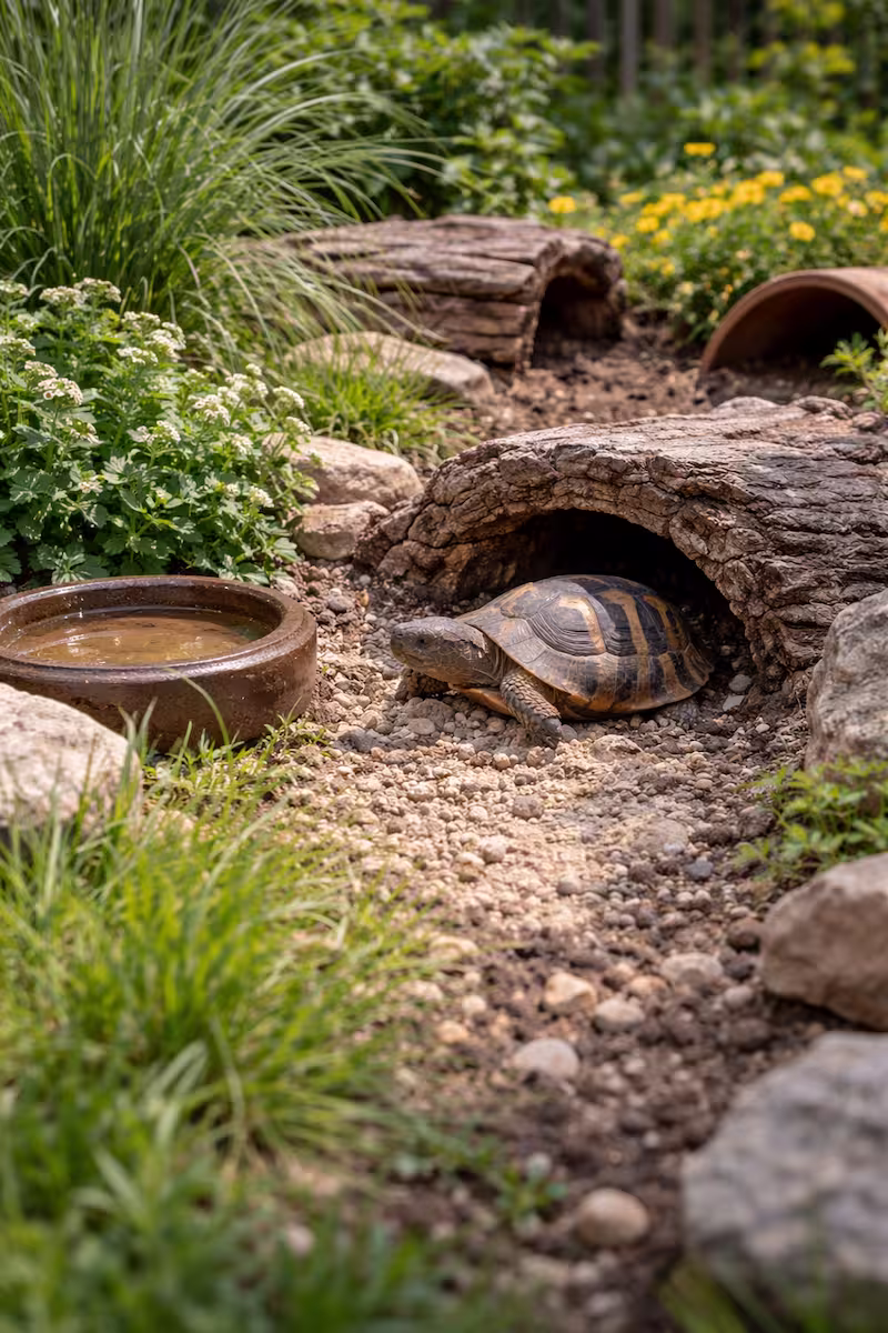 Schildkröte im Übergang zwischen Sonne und Schatten im Gartengehege