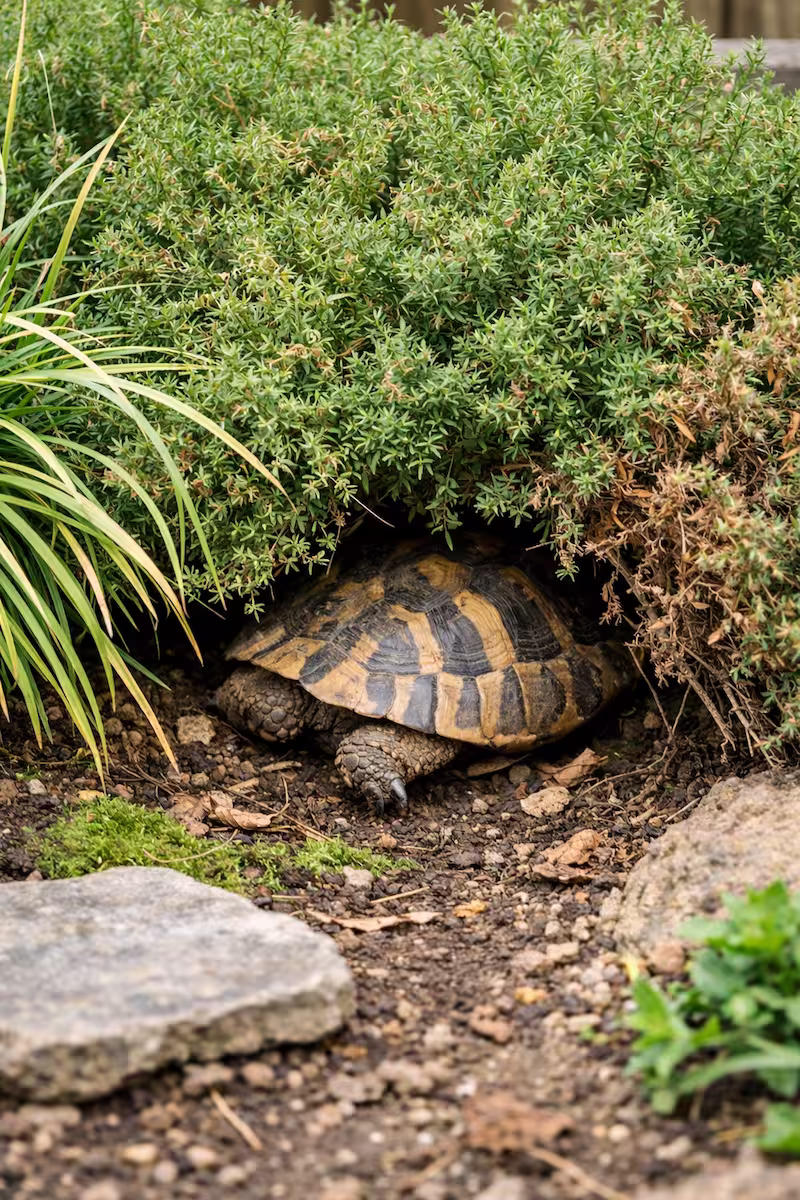Schildkröte verschwindet unter dichter Bepflanzung im Gehege