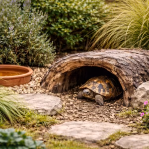 Schildkröten Versteck im naturnah gestalteten Gehege mit Holzunterschlupf, Steinen und dichter Bepflanzung im Garten