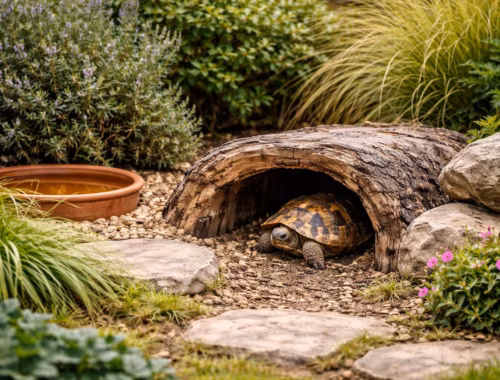 Schildkröten Versteck im naturnah gestalteten Gehege mit Holzunterschlupf, Steinen und dichter Bepflanzung im Garten