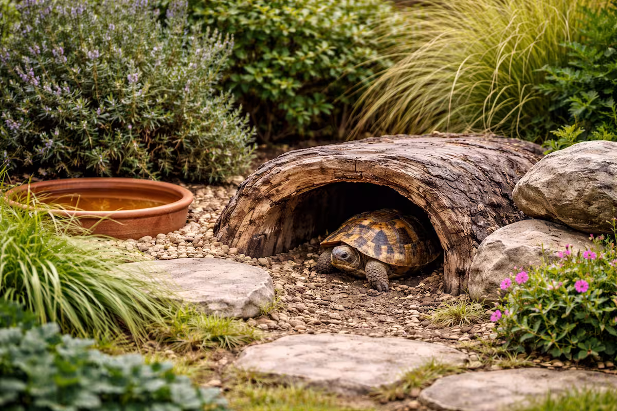 Schildkröten Versteck im naturnah gestalteten Gehege mit Holzunterschlupf, Steinen und dichter Bepflanzung im Garten