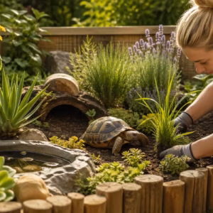 Schildkrötengehege bepflanzen: Frau setzt geeignete Pflanzen in ein naturnah gestaltetes Gehege mit Schildkröte, Steinen, Versteck und Wasserstelle im Garten