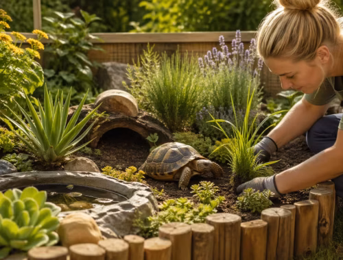 Schildkrötengehege bepflanzen: Frau setzt geeignete Pflanzen in ein naturnah gestaltetes Gehege mit Schildkröte, Steinen, Versteck und Wasserstelle im Garten