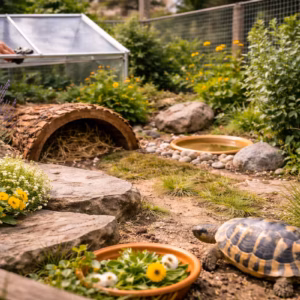 Schildkrötengehege im Mai im Garten mit Landschildkröte, Frühbeet, Pflanzen, Steinen und Wasserstelle bei sonnigem Wetter