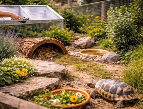 Schildkrötengehege im Mai im Garten mit Landschildkröte, Frühbeet, Pflanzen, Steinen und Wasserstelle bei sonnigem Wetter