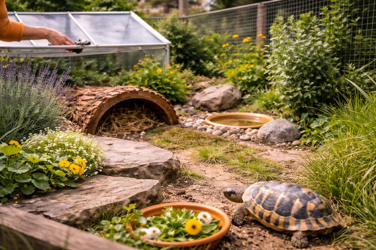 Schildkrötengehege im Mai im Garten mit Landschildkröte, Frühbeet, Pflanzen, Steinen und Wasserstelle bei sonnigem Wetter