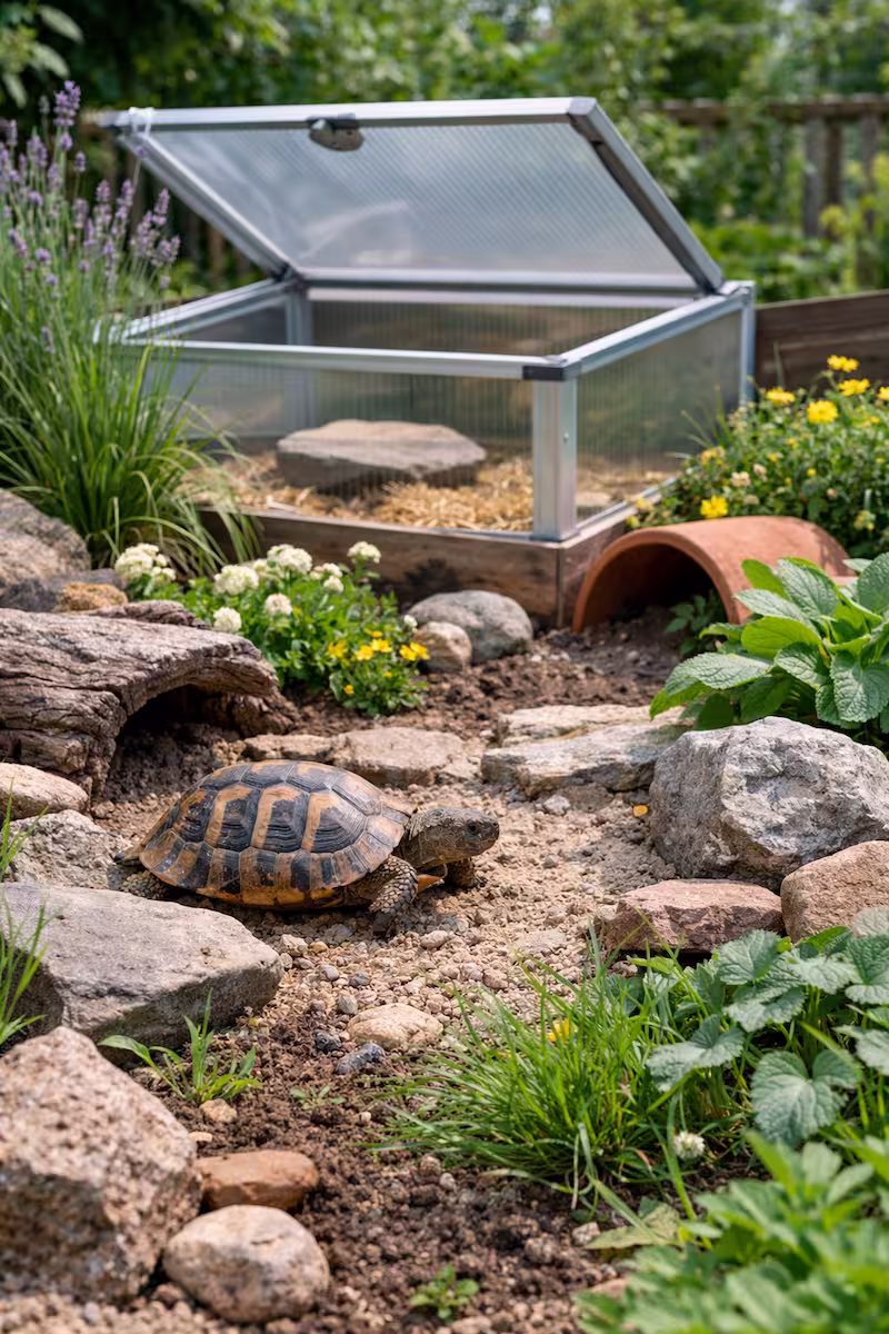 Schildkröte in einem naturnahen Gartengehege mit Steinen, Pflanzen und Frühbeet