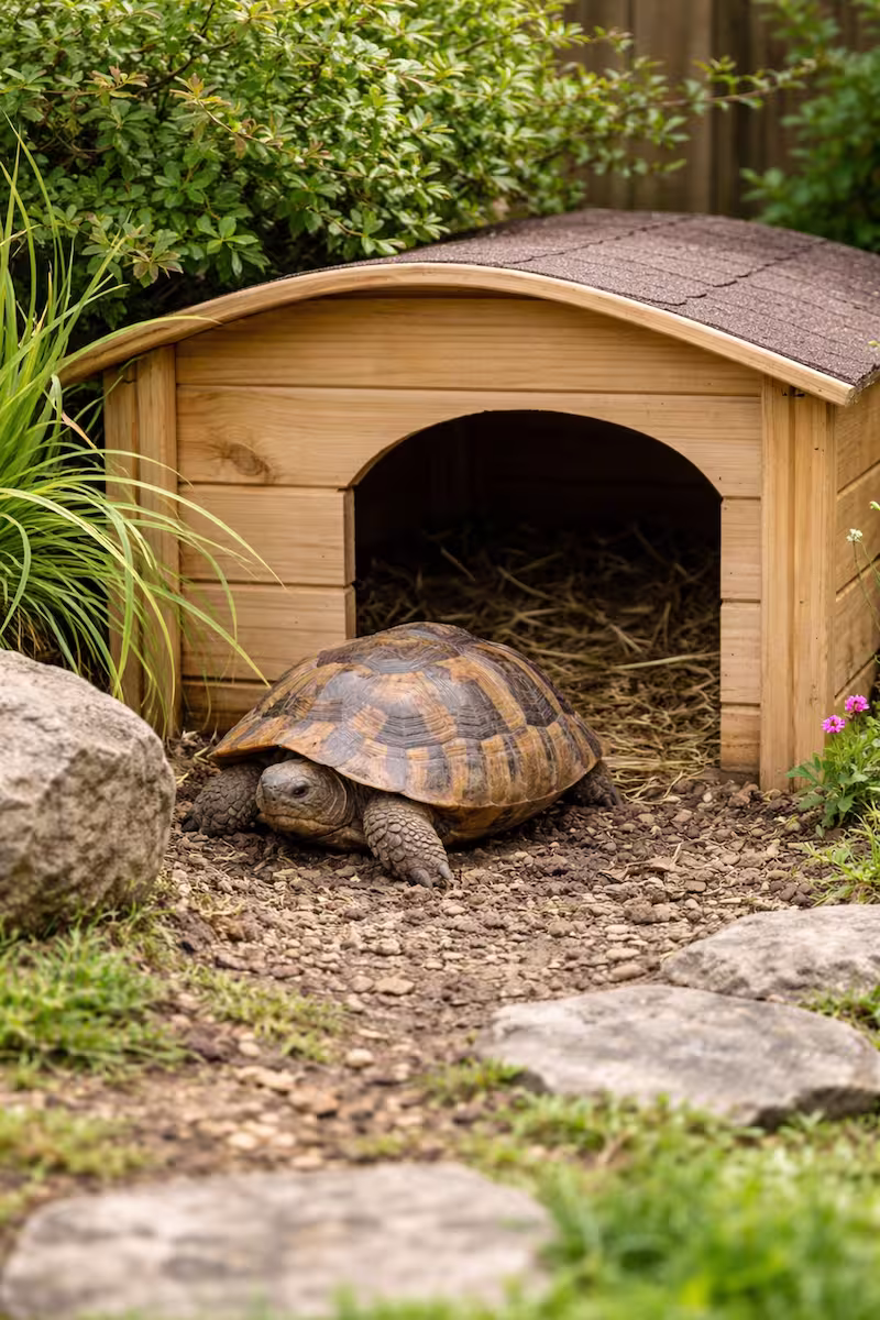 Schildkröte vor einem kleinen Schutzhaus mit Schattenzone