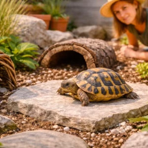 Sonnenplatz für Schildkröten im Außengehege mit Schildkröte auf warmer Steinplatte und strukturierter Umgebung
