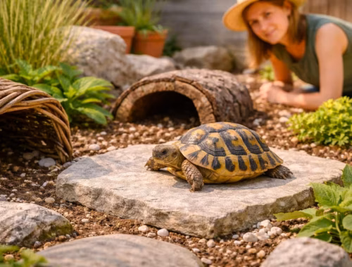 Sonnenplatz für Schildkröten im Außengehege mit Schildkröte auf warmer Steinplatte und strukturierter Umgebung