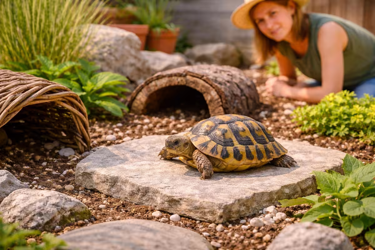 Sonnenplatz für Schildkröten im Außengehege mit Schildkröte auf warmer Steinplatte und strukturierter Umgebung