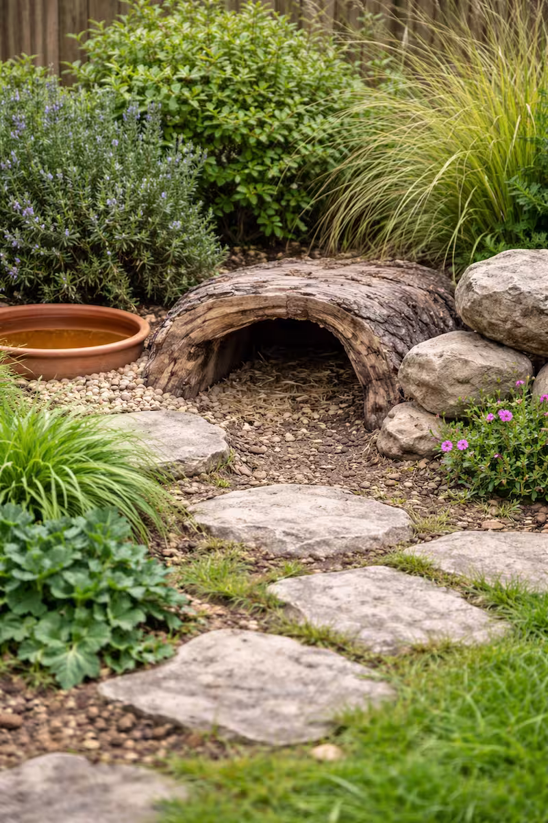 Strukturierter Gehegebereich mit Pflanzen, Steinen und Versteck