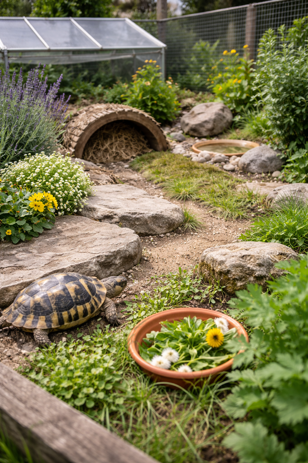 Terrassenartige Schildkrötenumgebung im Freien Strukturreiches Schildkrötengehege mit Pflanzen und Steinen