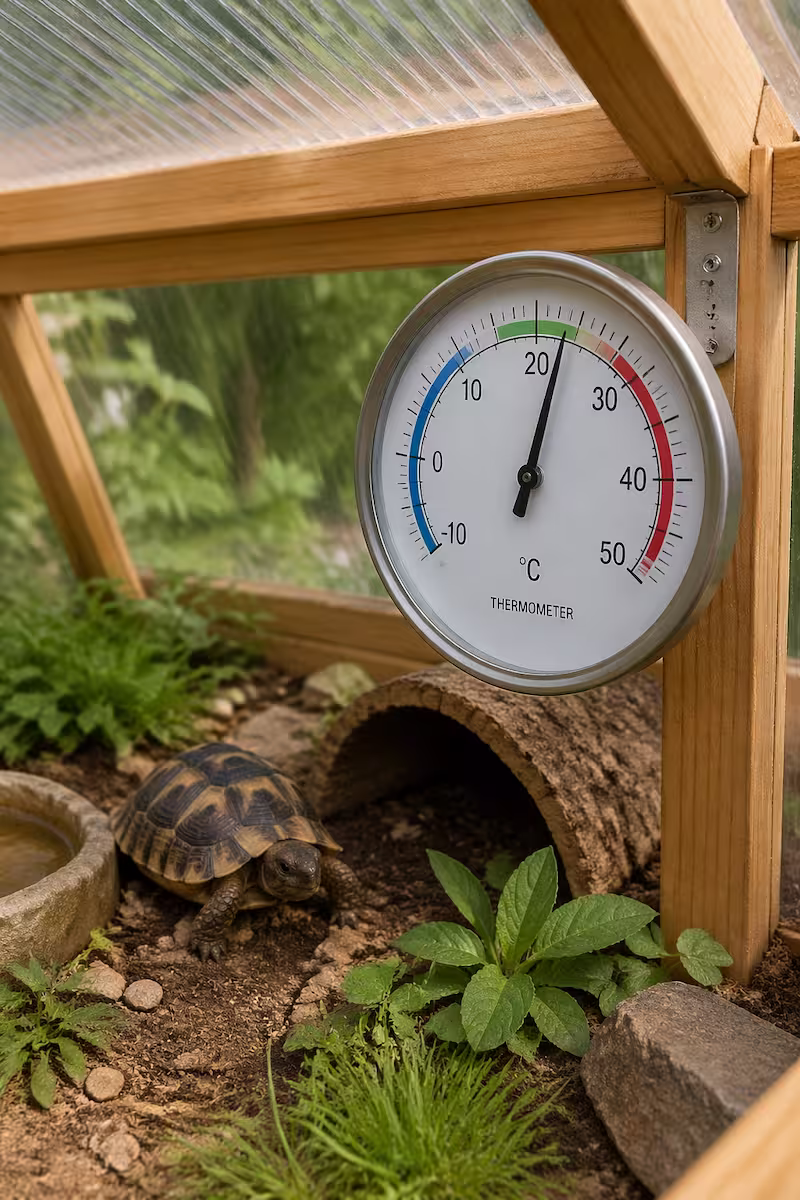 Thermometer im Frühbeet für Schildkröten zeigt Temperatur an
