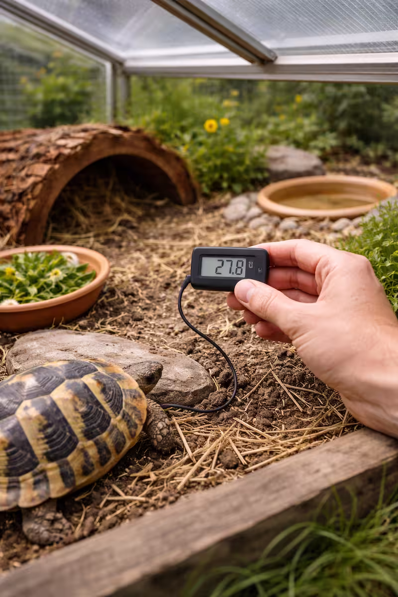 Thermometer in tortoise greenhouse at 27°C Hand prüft Thermometer im Frühbeet