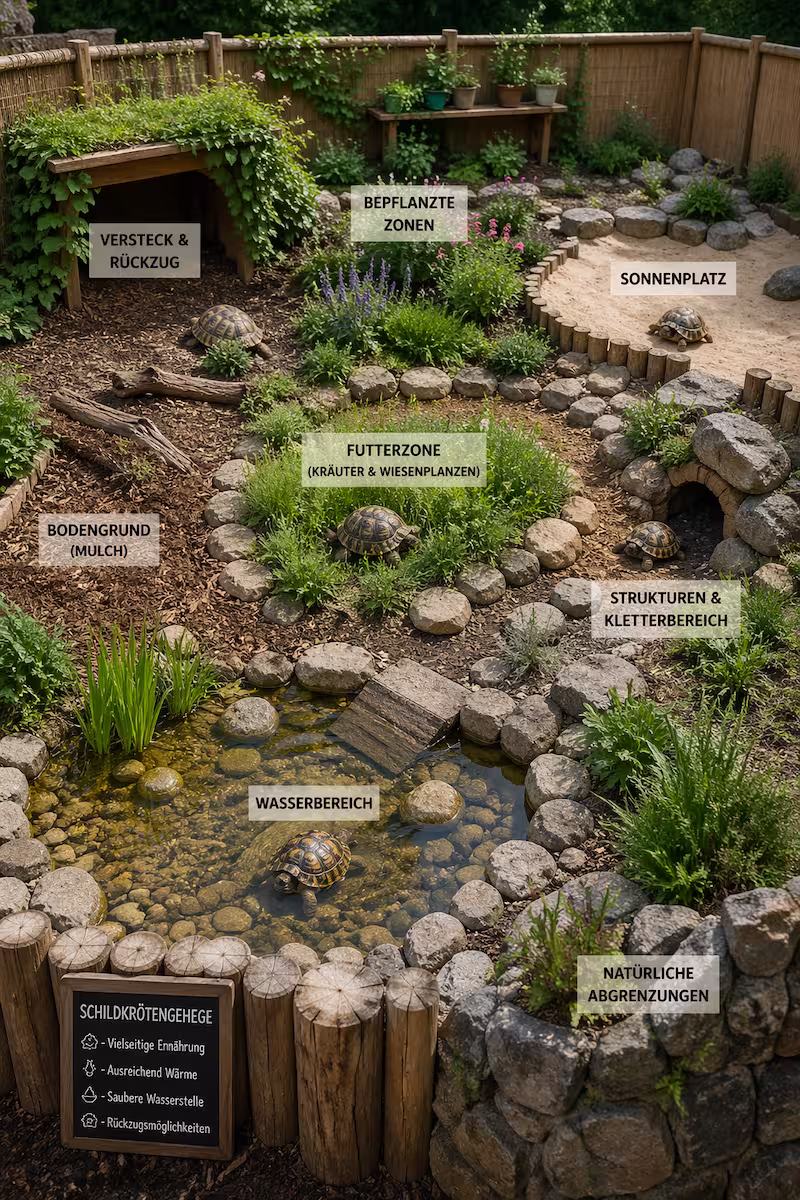 Überblick über ein abwechslungsreich bepflanztes Schildkrötengehege mit verschiedenen Zonen